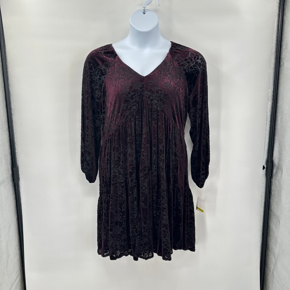 New Taylor Burgundy Velvet Burnout Floral Mini Dress 14‎ Romantic Whimsigoth